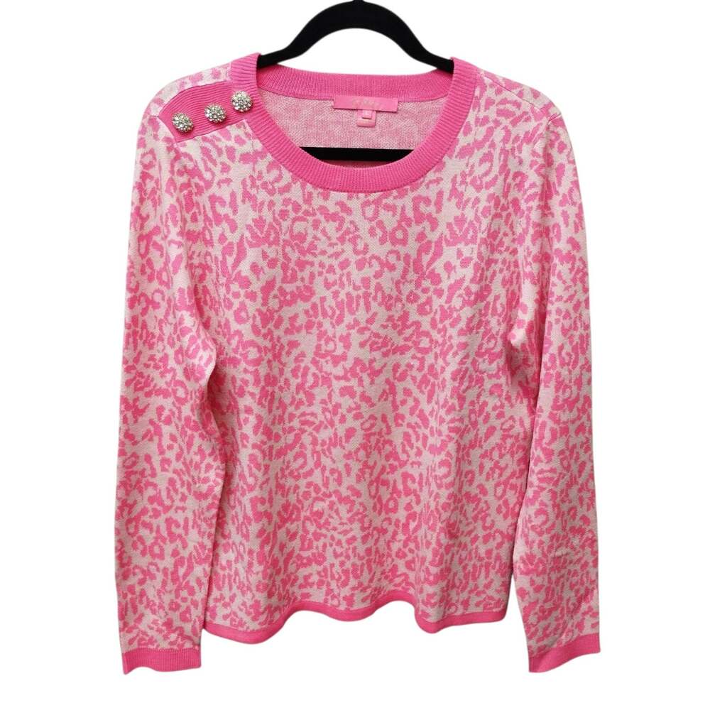 Lilly Pulitzer Womens Leopard Print Morgen Sweater Large Pink Colorful Preppy